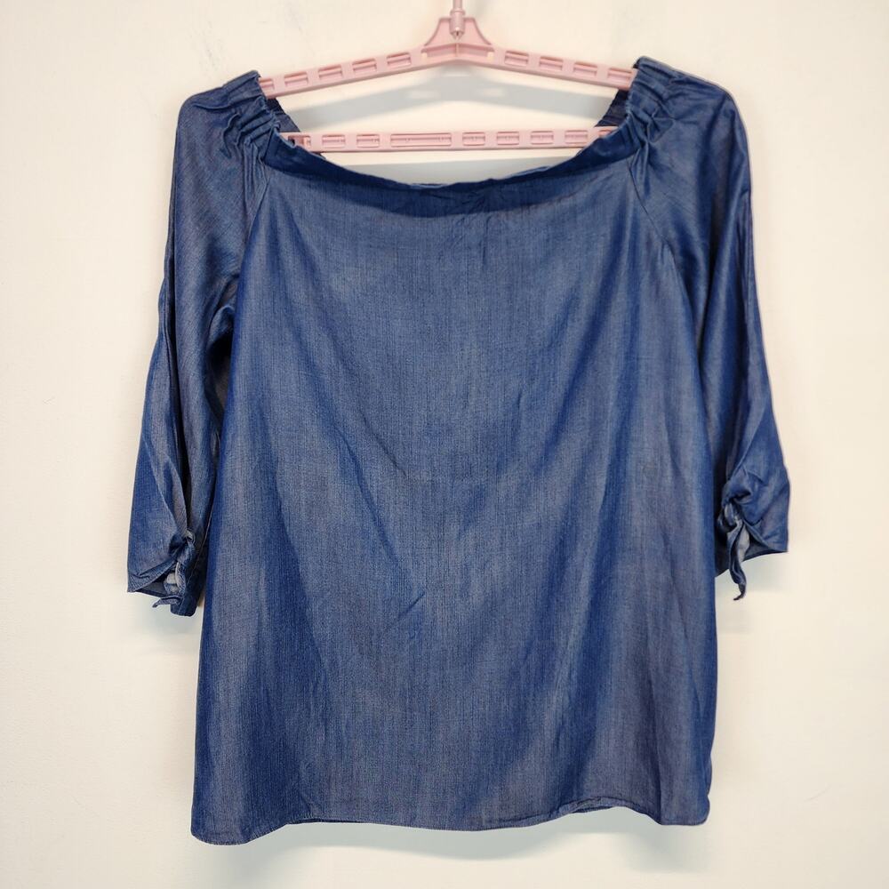 Kaari Blue Womens Chambray Top Size L Wide Sleeve Boatneck Flowy Boho Coastal